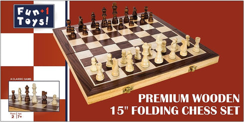 Portable Wooden Chess Set for Adults and Kids, 15" Board with Pieces & Drawstring Bag