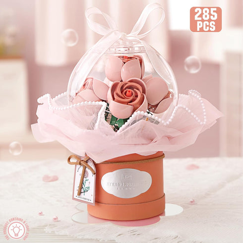 Flower Building Blocks Set with Dust-Proof Dome, Simulation Bouquet for Valentine's Day Home Decor