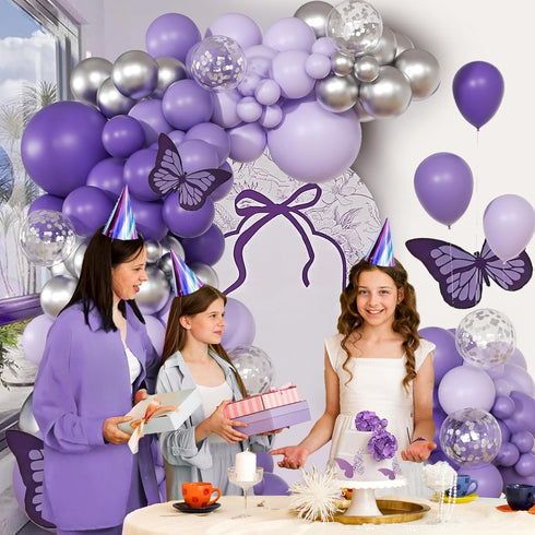 147pcs Purple Balloon Garland Arch Kit, Different Sizes with Dark Purple Light Purple Metallic Silver Confetti Lavender