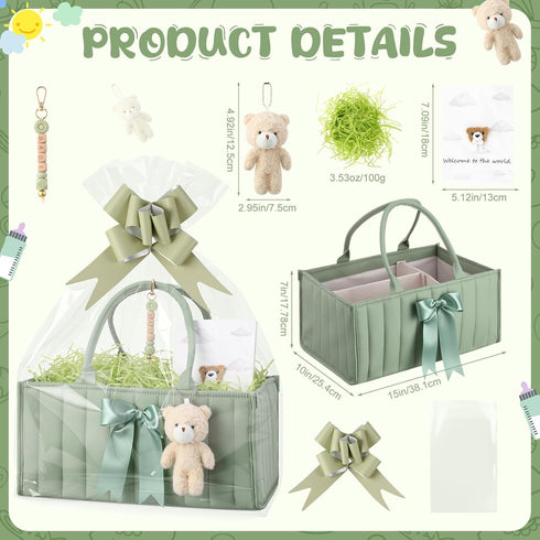 LemonRoad Baby Diaper Caddy Organizer Stylish Newborn Essentials Tote Bags with Bear Plush, Daisy Keychain, Greeting