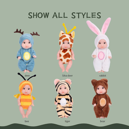 Vueos 6PCS 4inch Set 6 3+ Mini Dolls - Baby Doll with Animal Outfits & Accessories, Reborn Baby Dolls for Kids Role