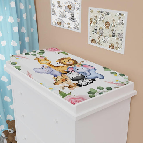 Jungle Safari Animals Changing Pad Cover with Tropical Leaves, Lion, Elephant, Zebra, Giraffe, Hippo, 32''x16''