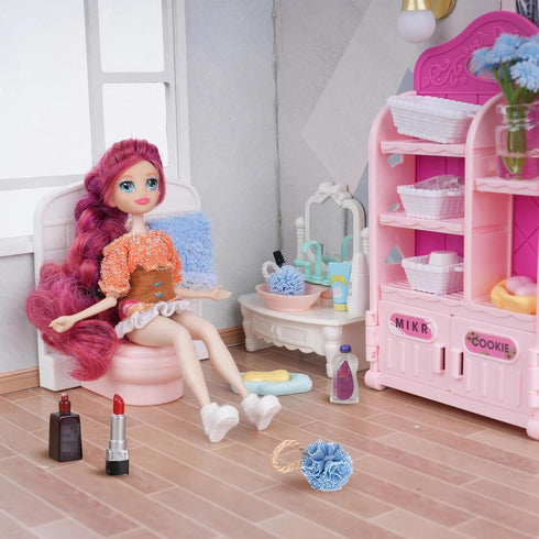 WEHOO 74Pcs Set Backpack Dollhouse Acessories Furniture Mini Cabinet with Drawers Case Handbag Towel Cosmetic Bathroom
