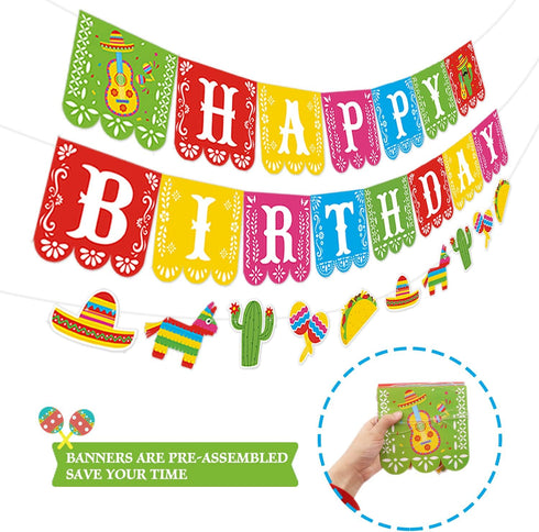Kitticcino 3 PCS Mexican Happy Birthday Banner, Cinco De Mayo Decoration, Fiesta Party Supplies, Mexico Themed Decor