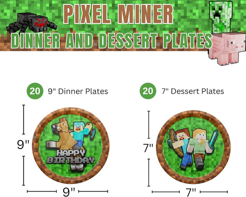 Pixel Miner Dinner and Dessert Plates - 40 pieces for 20 Guests, Video Game Party Supplies and Birthday Decorations