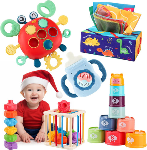 KADAYAYA Montessori Baby Toy for 18 Months, Teether Rattle Tissue Box Pull String