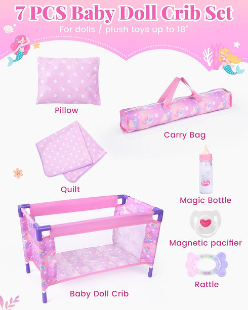 Playset 18 Inch BABESIDE Baby Doll Crib with Bedding & Accessories, Portable Baby Doll Crib for Dolls, Pretend Play