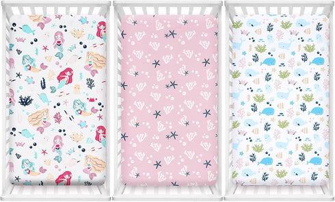 3 Pack 28x52 Inches PHF Soft Mermaid Crib Sheets Fitted, Silky Comfy Breathable Baby Sheets for Boys Girls Neutral