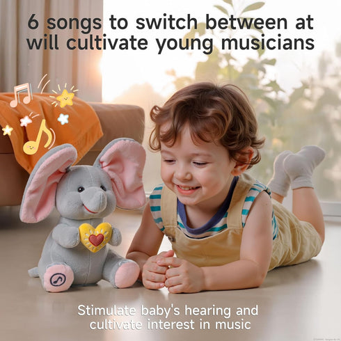 eJog Pup Peek a Boo Elephant Toy, Interactive Singing Plush Elephant Toy with Flapping Ears and Hearts, Musical Stuffed