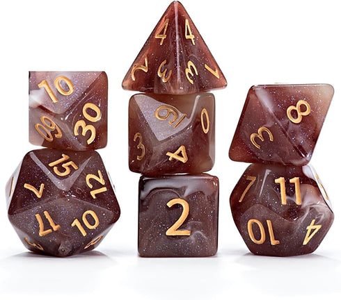 Gate Keeper Games and Dice: Aether Dice - Latte Dice 7pc RPG Set, Brown & Cream Swirled with Holographic Glitter