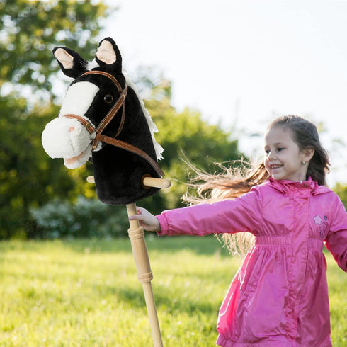 HollyHOME Stick Horse Plush Handcrafted Hobby Horse with Wood Wheels and Real Pony Sounds for Kids, Black 36 Inches