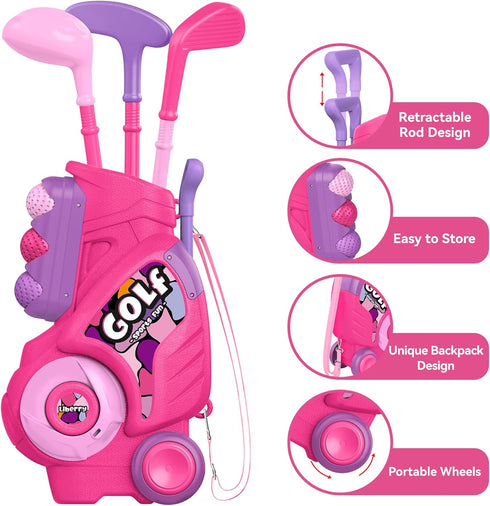 Liberry Toddler Golf Set with Upgraded Kids Golf Cart, Putting Mat for Boys Girls Ages 2-5, Indoor Outdoor Toys (Pink)