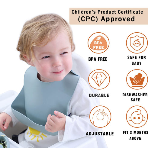 Moonkie Silicone Baby Bibs Set of 3, BPA Free Soft Adjustable Fit Waterproof Feeding Bibs for Babies and Toddlers