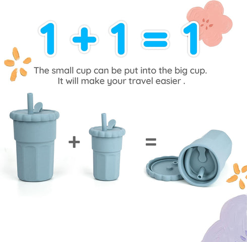 Silicone Parent-child Straw Cup, BPA Free, Heat Resistant, Silicone Straw Baby Cups Set for Big Kids Toddlers (Ether)