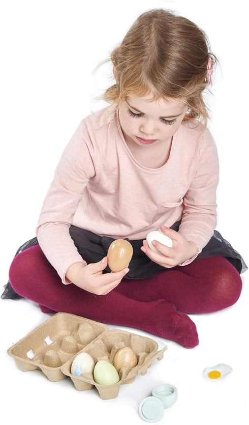 6 3+ Tender Leaf Toys - Wooden Eggs - Pieces Pretend Food Play Solid-Wood Eggs with Carton Box, Realistic Easter Egg
