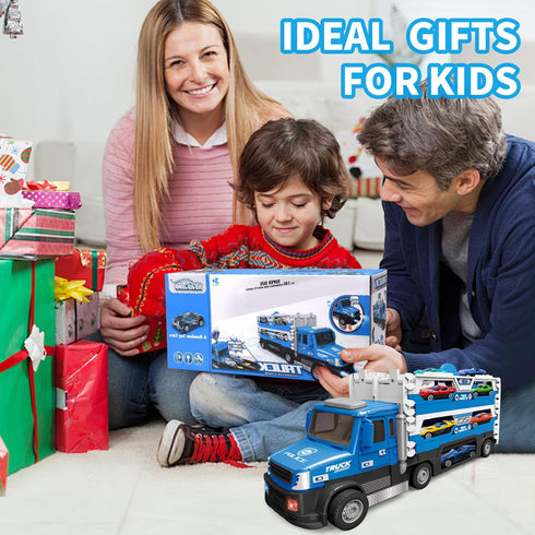 DOWELLIN 6 1 6Pcs 3 4 5 6 7 8-Blue in Transport Truck Toys for Kids, Police Trucks Carrier Cars with Metal Race Car