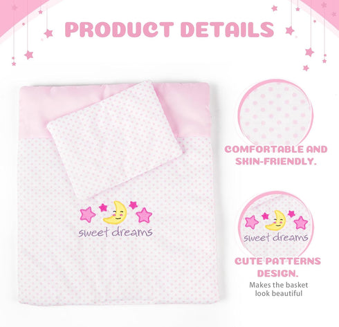 2 Set 12-15 Inch Set BABESIDE Pcs Baby Doll Bedding for Dolls, Pink Polka Dot Baby Doll Blanket and Pillow with Cute