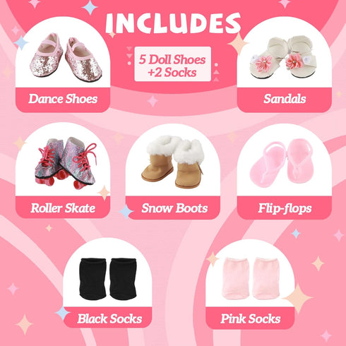 QSKJJI 18 inch 5 Shoes+2 18 Doll Accessories, Pairs of Doll Socks Doll Shoes Includes Snow Boots/Roller