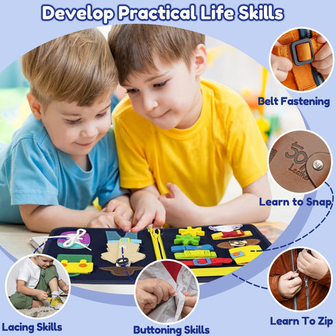 (Blue/P8) Qizfun Toddler Busy Board Montessori Toys Sensory Busy Book, Educational Learning Travel Toy for Airplane
