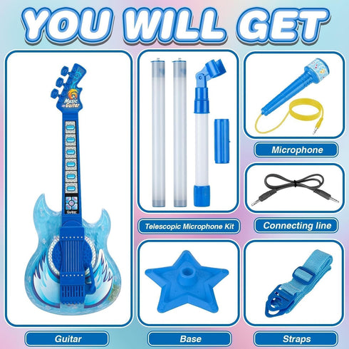 MOEAWS Set, 3-5 5-9, Kids Guitar and Microphone Toy Guitar with Adjustable Volume and Strap, Microphone with Stand