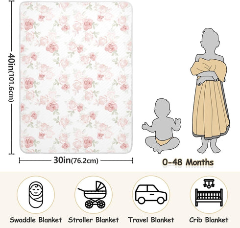 CHUROUSY 30x40 Inch Pink Roses Baby Blanket for Boys Girls Beautiful Flower Leaves Nursery Swaddling Wrap Beauty Floral
