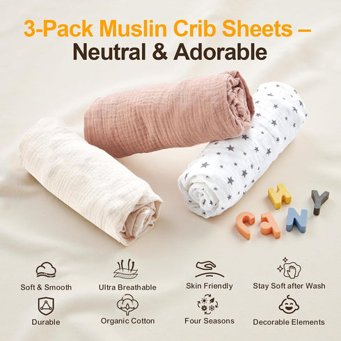 FUFVUTI 3Pcs 32"x16" Set Soft Muslin Bassinet Sheets Breathable Cotton Fitted Sheets for Bassinet, Changing Pad