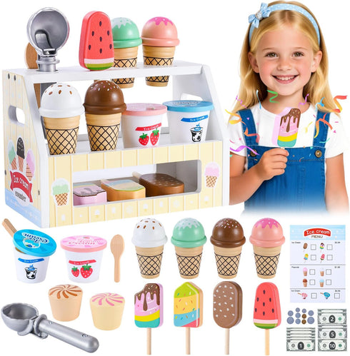 Peccvon Mini Wooden Ice Cream Toys for Kids Pretend Play Kitchen Food Toys,