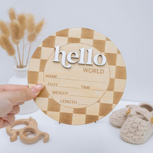 TTMerriwood 6.5 Inch Baby Announcement Sign Wooden Hello World Newborn Welcome Sign Birth Name (Checkered)