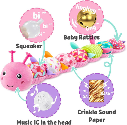 Baby Toys Musical Caterpillar - Soft Sensory Stuffed Animal Toys with Crinkle and Rattles, Pink