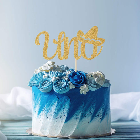 Spanish Uno Cake Topper Fiesta Party Decor for Mexican 1st Birthday Decoration, Gold Glitter