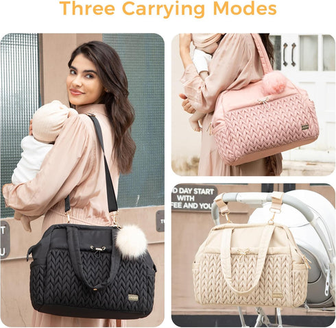 LUKJOJO Asha Diaper Bag Tote For Daily Use, Travel Shoulder Diaper Bag With Long Strap (Beige)