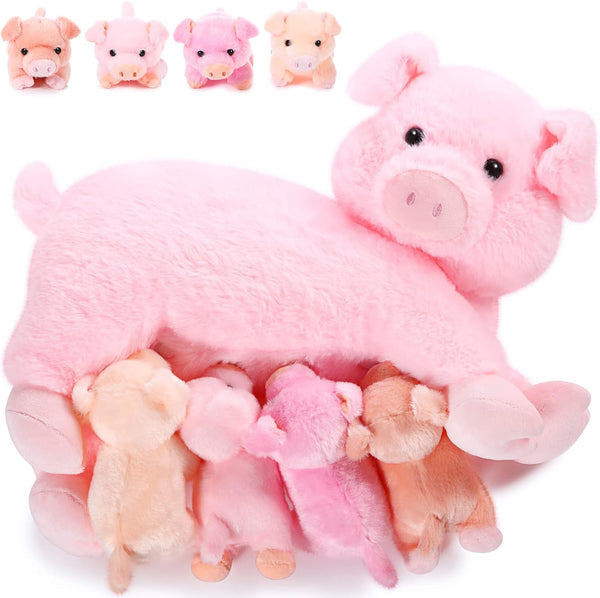 Honoson Nurturing Pig Stuffed Animal with Babies, Soft Plush Set for Toddlers, 4 Magnetic Baby Pigs