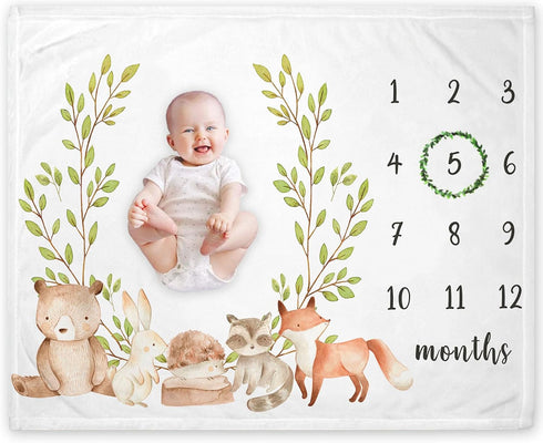 Woodland Milestone Blanket, Forest Animals Baby Growth Chart Monthly Blanket, Watch Me Grow for New Moms Baby Shower
