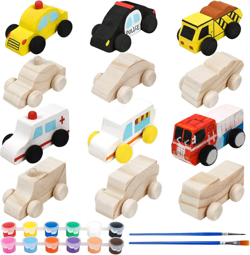 12 Pieces Unfinished Wooden Cars, Wood DIY Car Toys, Painting Crafts Kit for Student Family Activities