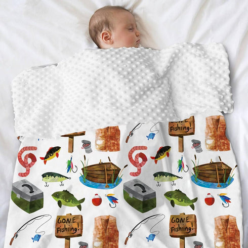 Fishing Baby Blanket, Gone Fishing Themed Toddler Minky Blanket, Double Layer Dotted Backing, 30"x40"