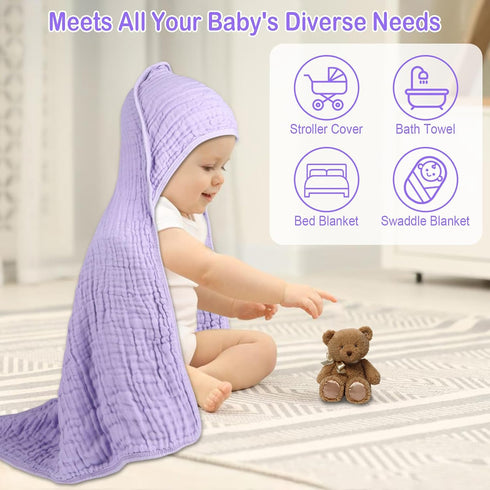 2 Pack 32x32Inch, Synrroe Hooded Muslin Cotton Baby Towels, Pink & Purple