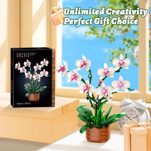 Set, Set 18+ Bilinott Orchid Flower Building Blocks Fake Indoor Flowers Building for Home, Kitchen, Desk Decoration