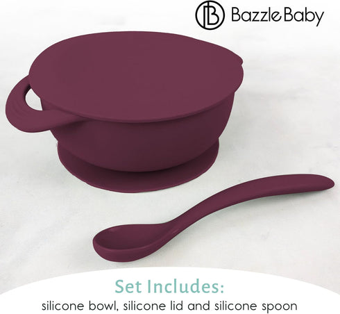 Bazzle Baby 3-Piece Silicone Suction Bowls with Lid and Spoon, BPA Free, for 4-36 Months