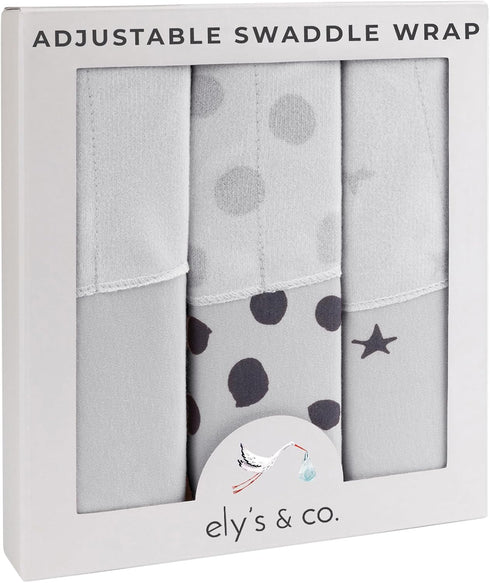 Set 3 Pack 0-3 Ely's & Co. Adjustable Swaddle Blanket Infant Baby Wrap Grey and Black Months