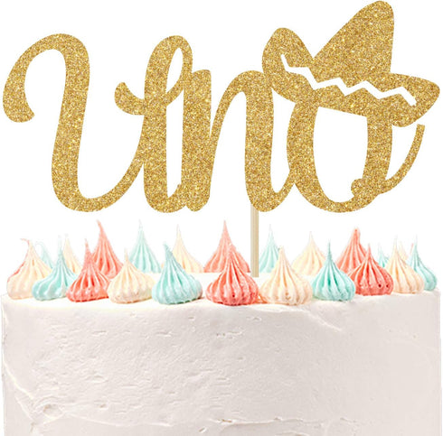 Spanish Uno Cake Topper Fiesta Party Decor for Mexican 1st Birthday Decoration, Gold Glitter