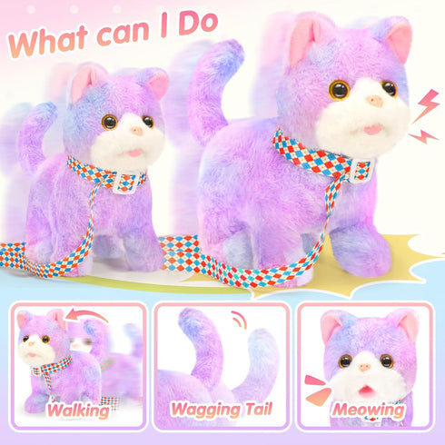 CatchCute Plush Toys Cat for Kids with Leash, Interactive Electronic Kitty That Walking,Meowing,and Tail Wagging