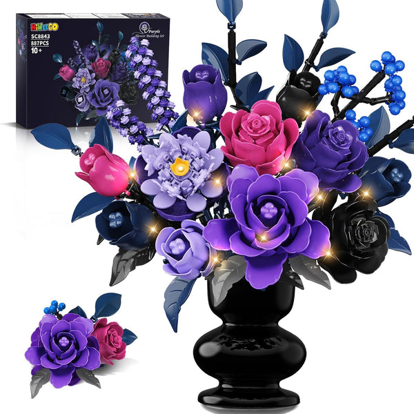 HiWEEGO Flowers Bouquet Building Set with LED Light - 17 Artificial Flowers