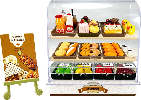 86 Pieces Miniature Bakery Case, Cake Stand Display Cabinet with Food Set, Mini Plastic Counter for Doll House