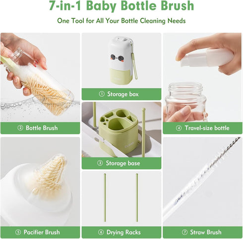 NONENDU Set 7 1 Set Baby Bottle Brush - Baby Bottle Cleaner Kit with Nipple Brush, Silicone Bottle Brush, Straw Cleaner