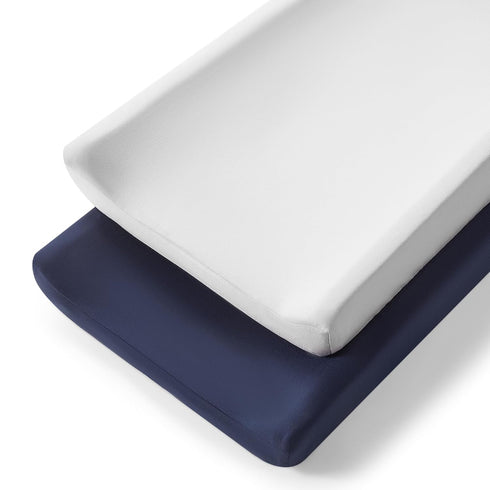 TILLYOU Changing Pad Cover Set in Soft Jersey Material - Fits 32"/34''x16 Contoured Pad for Babies, Navy Blue & Lt Gray.