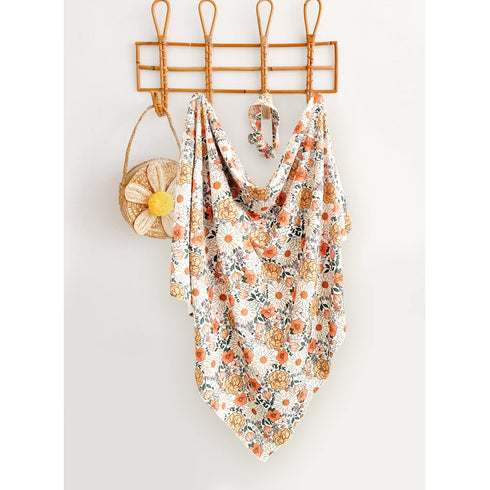 Konssy Baby Girl Newborn Receiving Blanket with Floral Motif Headband Set, Nursery Swaddle Wrap