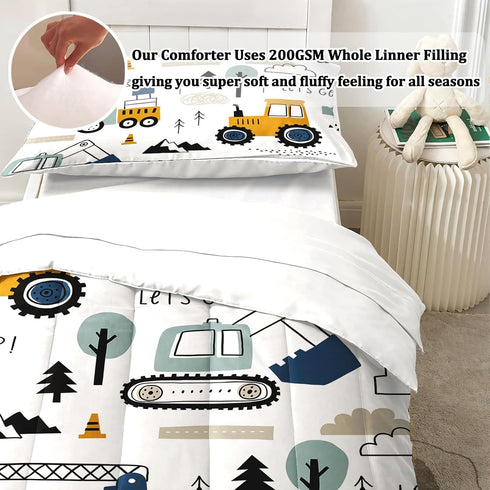 Set 4-Piece Set Toddler Bedding for Boys - Truck Bedding Comforter for Kids, Soft Comfort Construction Vehicle Bedding