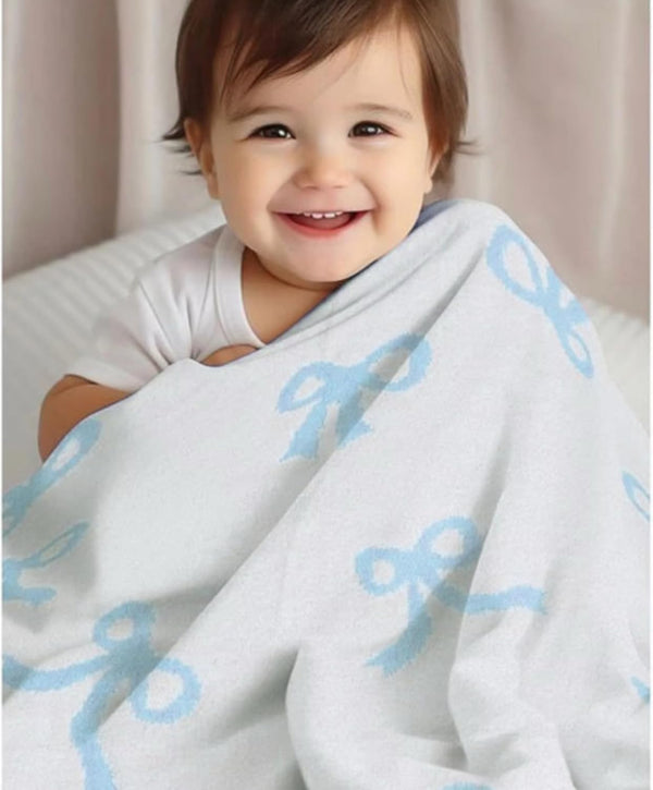 Bow Blanket Blue Bows Soft Throw Blanket Reversible Premium Cozy Fabric for