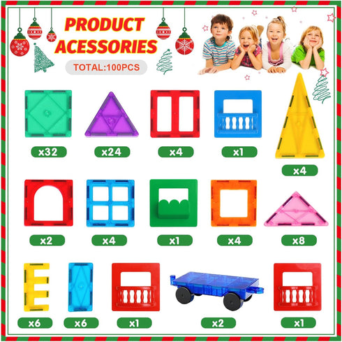 100PCS Magnetic Tiles Blocks for Kids Ages 3-8, STEM Educational Magnet Building Toys for Toddlers, Gifts for 3-8 Year