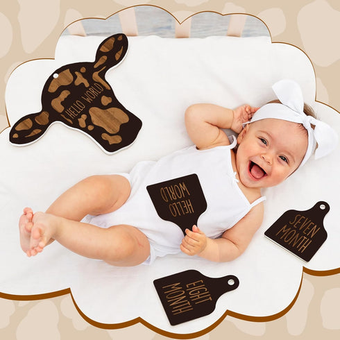 Maitys 14 Pieces Cow Baby Monthly Milestone Cards Rustic Wooden Ornament Herd Signs Cattle Newborn Photography Props